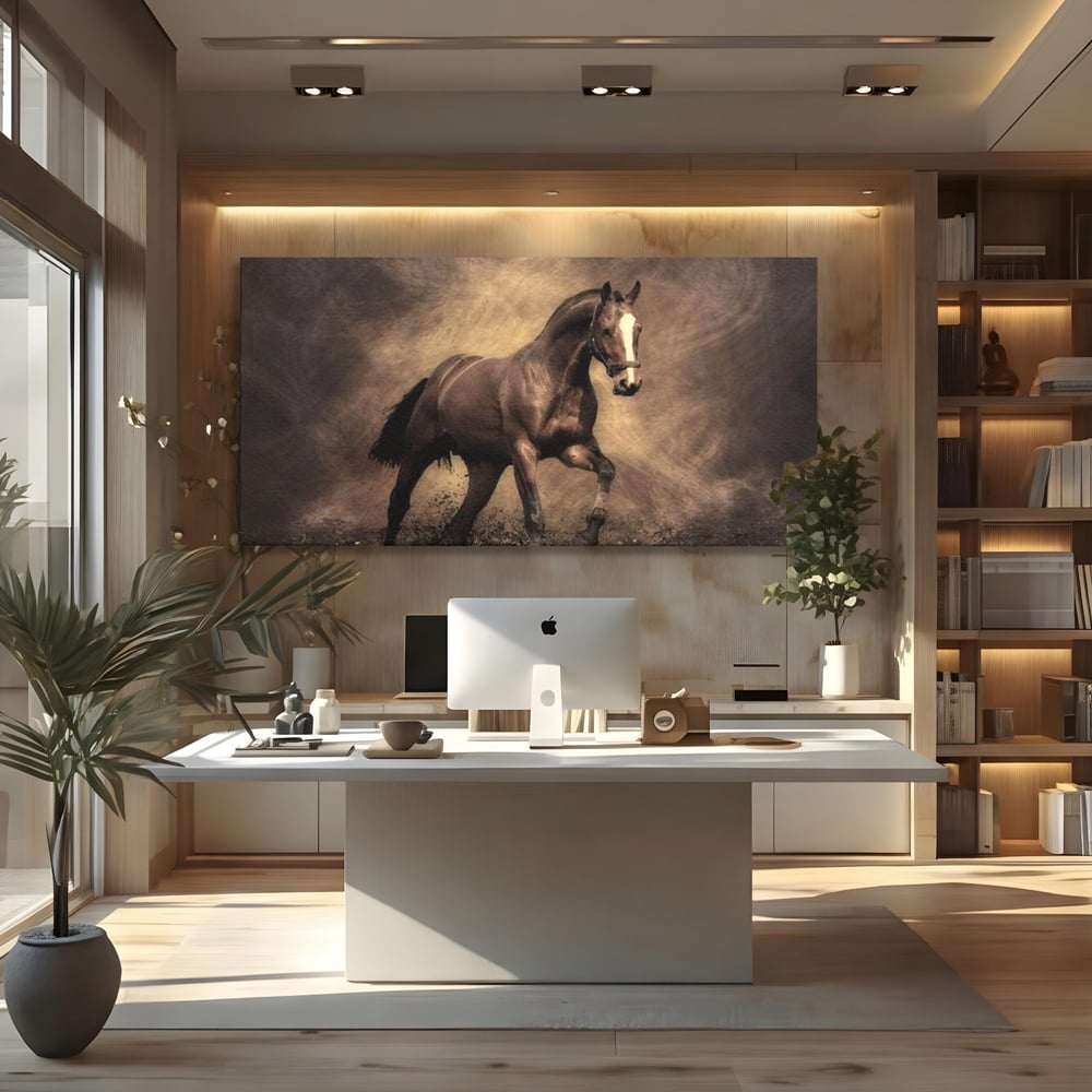 Tablou canvas cu tablou canvas cu cal maro in galop, fara rama, pe sasiu de lemn, pe perete intr-un birou